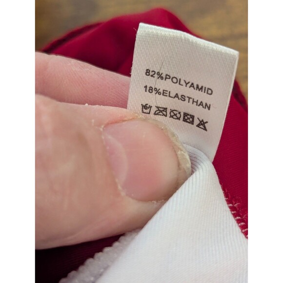 Red One-Piece Swimsuit – Size M – Metallic Gold Piping & Sheer Floral Waist Band - Picture 7 of 10